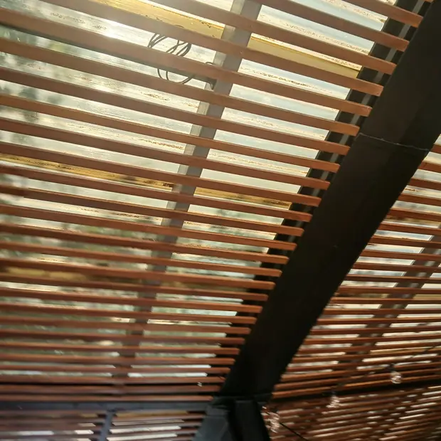 Underside detail of a timber slat ceiling built by Impi Teak in Sandton